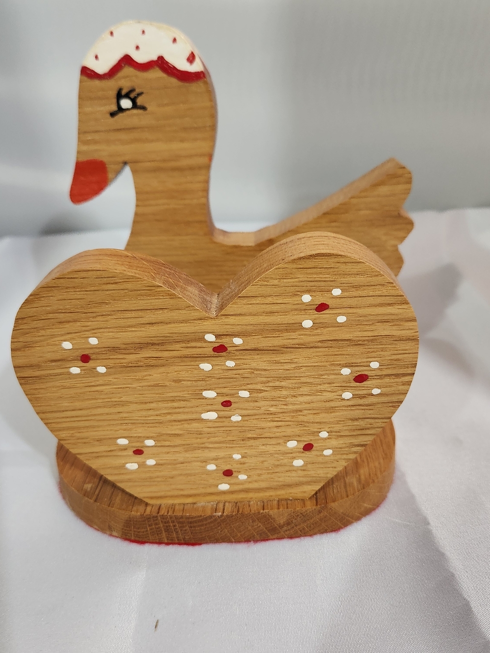 Handcrafted Wooden Swan Heart Accent - Natural Wood with Red & White Details